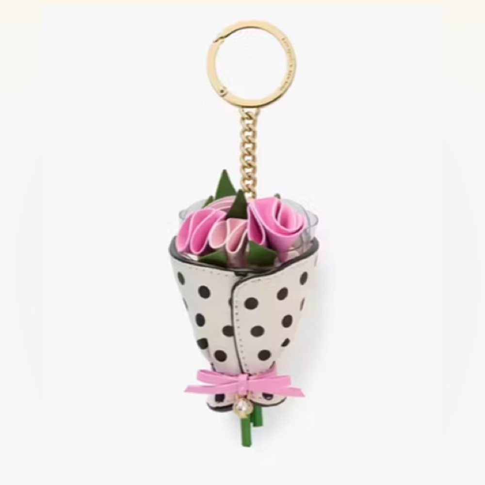 Kate Spade Flora Flower Bouquet Bag Charm NWT Pink Roses Polka Dots
